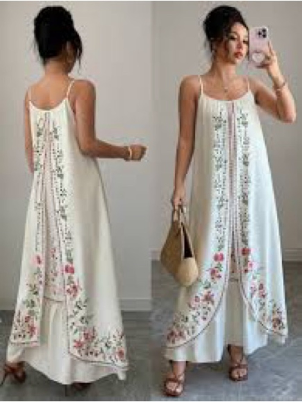 SHEIN Cream Maxi Dress with Pink & Green Floral Embroidery